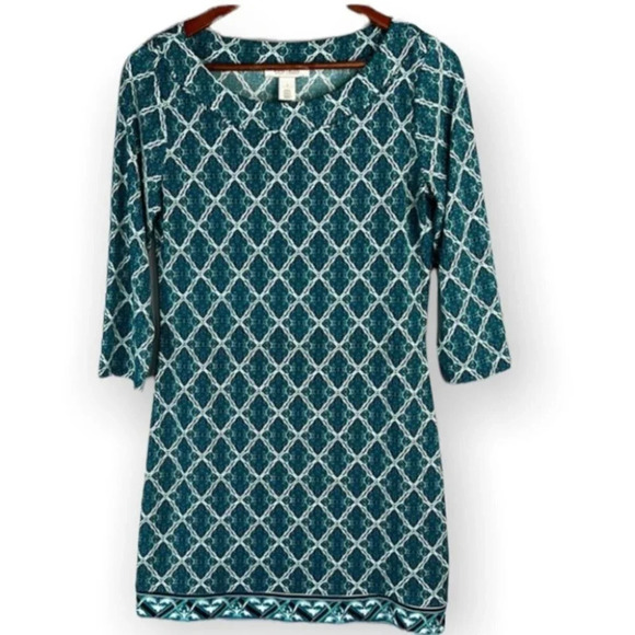 WHITE HOUSE BLACK MARKET Retro Print Dress Green Round Neck 3/4 Sleeve Size S - Picture 2 of 11
